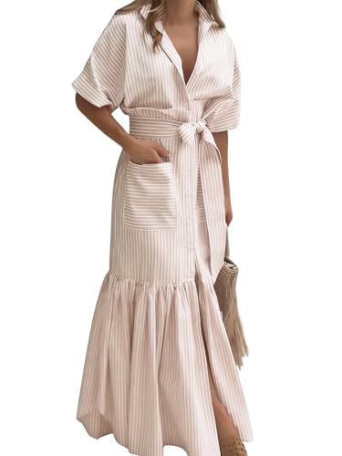 Image of utcoco Women's 2026 Summer Casual Striped Button Down Maxi Dress Tie Waist Short Sleeve Shirt Dress with Pockets