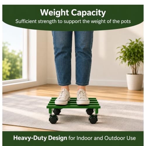 Image of Square Rolling Plant Stand, Heavy Duty Metal Planter Holder with Wheels, Rust-Proof Indoor Outdoor Plant Stand for Balcony Garden Home, Mobile Pot Caddy (Green, Pack of 2)
