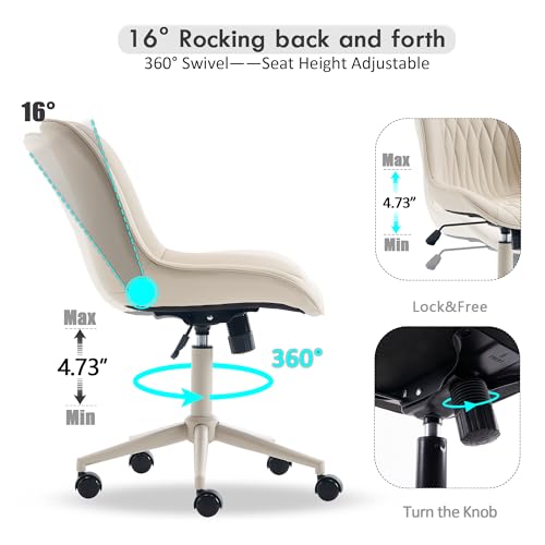 Image of YOUNIKE Faux Leather Office Desk Chair Comfy Vanity Chair Armless Cream | Ergonomic Upholstered Rocking Back, Swivel with Wheels, Height Adjustable, Modern Task Chair For Computer Sewing Drafting