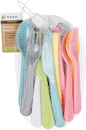 HEKU Mehrweg-Besteck-Set 18-teilig in Pastell I Aus PP-Material I Leicht & Robust I Spülmaschinen- & Mikrowellengeeignet, Bunt