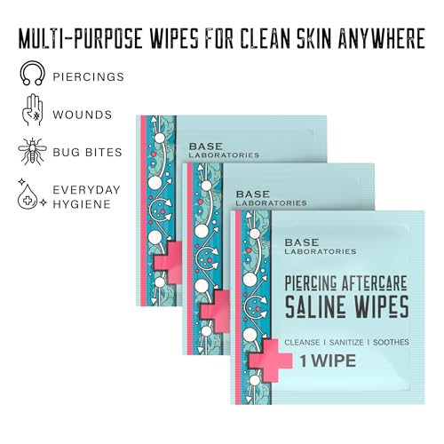 Image of BASE LABORATORIES Piercing Aftercare Wipes | Cleanses & Sanitizes | Piercing Cleaner Wipes for Nose, Ear, Lips | Saline Solution for Piercings | Keloid Bump Removal & Piercing Bump Treatment -75 Wipes