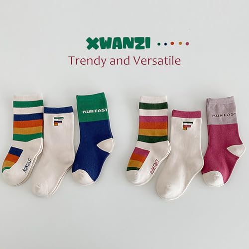 Kids Socks Ribbed Cuffs Crew Mid-Calf Stripes Polka Dot Color Block Grid Casual Socks for Kids 3 Pairs4