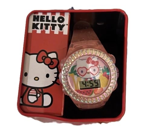 Sanrio Hello Kitty Kids LCD Watch – Pink Glitter Strap, Transparent Case, Iridescent Bezel, Digital Display, Cute Floral Printed Dial, Adjustable Fit, Perfect for Girls – Fits Wrists 5.5” to 8”