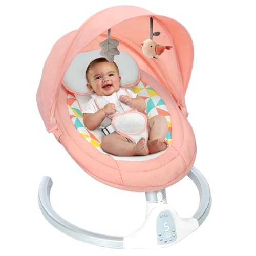 Image of Bioby Electric Baby Swing for Infants, Portable Baby Swing for Newborn Boy Girls with 5 Swing Speeds, Bt Touch Screen/Remote Control, Baby Rocker Chair with Music Speaker 5 Point Harness Pink