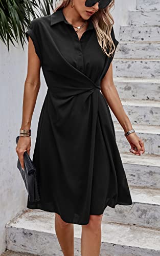 Image of ECOWISH Womens Casual Midi Dresses Solid V Neck Short Sleeve Button Shirt Belted Dress with Pockets for Spring Summer 2026