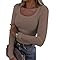 Damen Langarmshirt U-Ausschnitt Slim Fit Rippstrick Oberteil - Langarm Basic Tee Shirt Y2K T-Shirt Crop Tops Helle Kaffee M