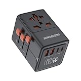 65W GaN Reiseadapter Weltweit, Universal Travel Adapter Reisestecker mit 2 USB C und 2 USB A, Schnellladen Internationaler Steckdosenadapter für EU UK USA Japan Thailand Australien, Schwarz