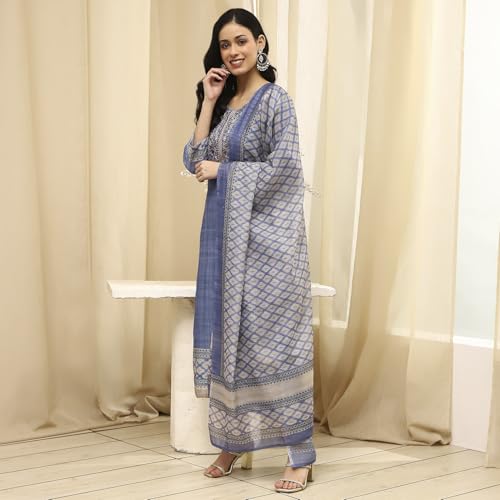 Image of BIBA Women Beige Cotton Machine Embroidered Unstitched Suit Set