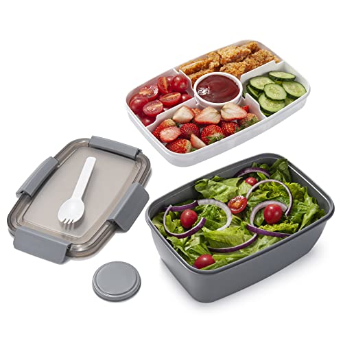 Image of Freshmage Salad Lunch Container To Go, 68-oz Grey-XL, Leak-proof Lid, 4 Compartments, Sauce Container, Safe Material, Easy Carry