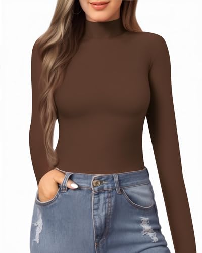 Image of MANGOPOP Women's Mock Turtle Neck Slim Fit Long Sleeve 3 /4 Sleeve Short Sleeve T Shirt Tight Tops Tee
