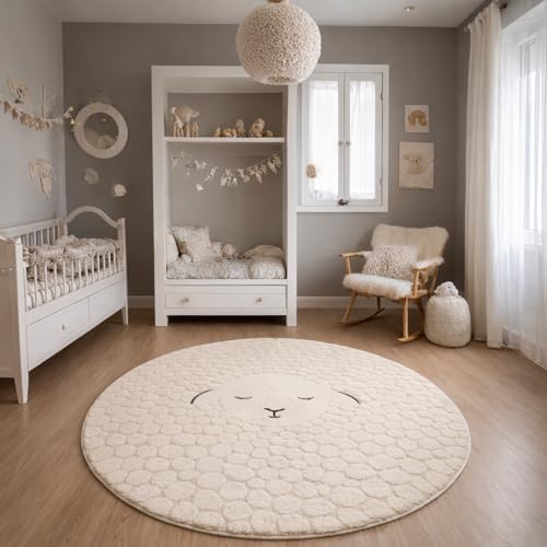 the carpet Elisa Kids Teppich für Kinderzimmer, Kinderteppich, Spielteppich, Pflegeleicht, strapazierfähige, Creme, 120 cm Rund