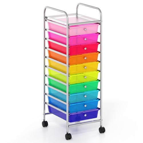 GIANTEX Chariot de rangement 10 tiroirs en plastique, commode avec 4 roues, chariot auxiliaire avec cadre en métal, organisateur pour bureau, salon, cuisine...