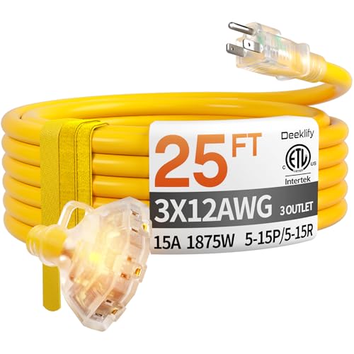 Deeklify 25 ft 12 Gauge Heavy Duty 3 Outlet Extension Cord Splitter with Indicator Waterproof Outdoor Extension Cord with Multiple Outlets 15A 1875W for Garden ETL Listed Flexible Yellow SJTW