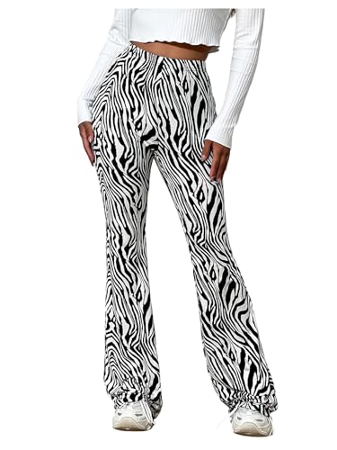 SOLY HUX Women's Zebra Striped Flare Leg Pants Elastic High Waisted Casual Long Pants Trousers
