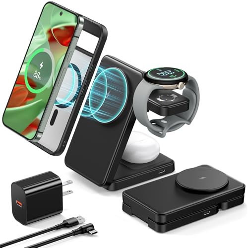 3 in 1 Magnetic Foldable Wireless Charger for Google Pixel Watch 3/2, 15W Fast Mag-Safe Charging Stand for Pixel 9 Pro XL 9 8 7 Pro/a 6 Pro & Pixel...