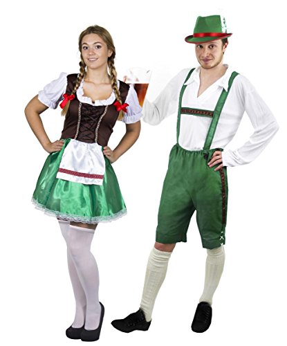 Accessoires de déguisement pour un couple bavarois adulte avec pour l'Homme L. une salopette courte verte + un haut blanc + un chapeau vert et pour la Femme M.une jupe verte et marron + des bas blancs