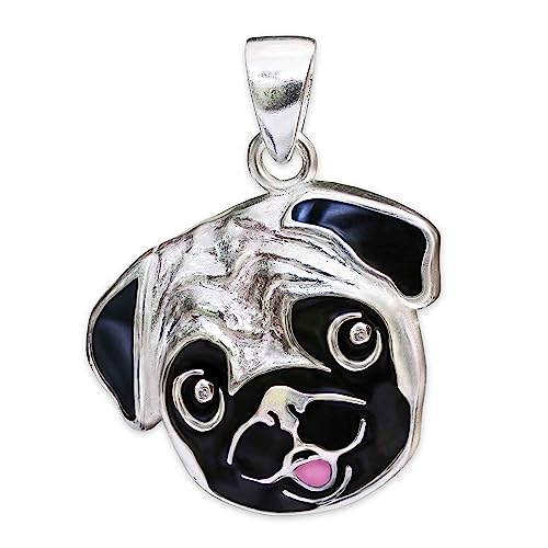 CLEVER SCHMUCK Mops Halskette großer Anhänger massiv 18 mm plastisches Gesicht bunt lackiert Kette Panzer 45 cm Sterling Silber 925 im Etui weiß