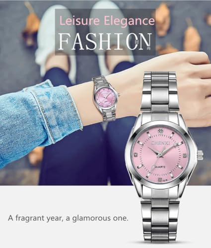 JOATVEE Relojes Pareja Hombre y Mujer Plata Impermeable Reloj de Acero Inoxidable Moda Suo y Sus Relojes de Pulsera de Cuarzo Regalos, Women-Pink, Pulsera - imagen 2