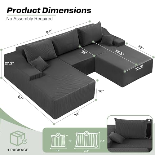 Image of HABUTWAY 94 inch U Shaped Modular Sectional Couch for Living Room, Modular Cloud Sofa with Ottoman, No Assembly Boneless Couches with Deep Seat, Corduroy Fabric (Grey, Left Facing)
