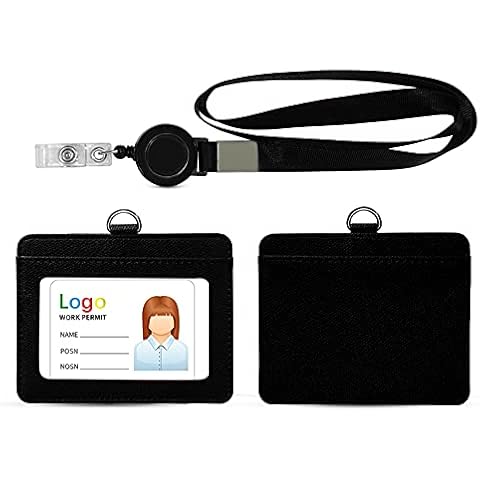 HYCOPROT ID Badge Holder 2-Sided Pu Leather with 1 Id Window and 1 Card Slot and 1 Piece 34.8 Inch Detachable Neck Lanyard id Card Holder for Office School Business Travel Student (Black, Horizontal) Cover