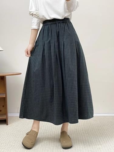 utcoco Women's Gingham Midi Skirt Elastic High Waist A-Line Flared Long Skirt for Casual Daily & Office Wear4