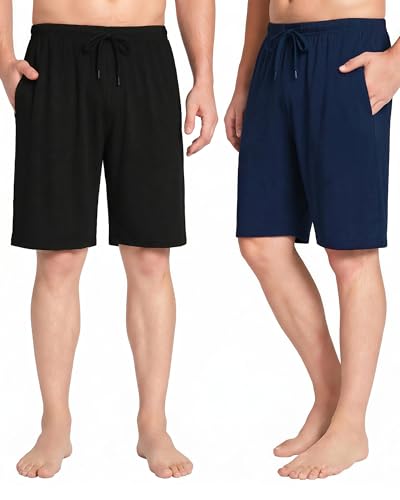 2 Pack Mens Lounge Wear Pyjama Shorts Soft Comfy Mens Shorts Bottoms Modal Light and Breathable for Fathers Husband Boysfriend Gifts Navy+black