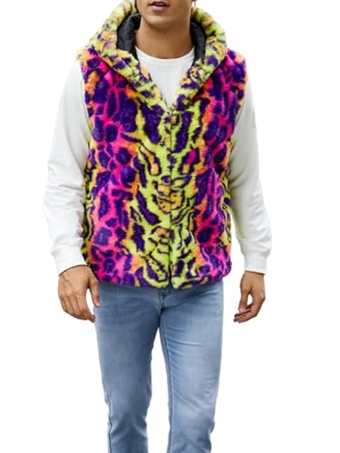 Men Faux Fur Vest Sleeveless Fluffy Artificial Fur Gilet Coat Hooded Animal Print Open Front Fall Winter Outwear
