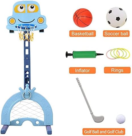 Nukied Basketball Hoop for Toddlers Kids Indoor Outdoor 4-in-1 Sports Activity Center Play Set Adjustable Basketball Hoop /Soccer Goal Ring Toss Golf Best Gift for Kid Baby Toddler Infant (car blue)