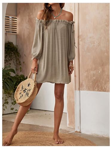 OYOANGLE Women's Swimsuit Cover Ups Off Shoulder Long Sleeve Beach Dress Frill Trim Swimwear4