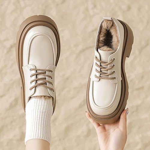 Women's Cozy Plush Lined Oxford Chunky Heeled Brogues with Laces, Winter Style Platform Footwear Oxfords Creepers Dress Leather Shoes4
