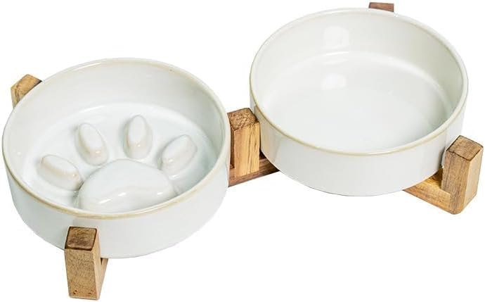 Ceramic slow feeder Dog bowls set,Raised Dog Bowls with Stand, Elevated Pet Slow Food and Water Bowl, Dog slow Bowl,Cat Bowl Feeding Bowl (White (slow & flat) with stand, L(15.8cm/6.2in-15.2oz))