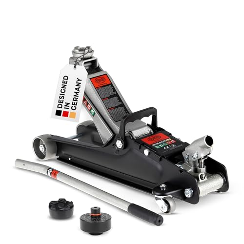 HEYNER® Wagenheber Rangierwagenheber Bundle inkl. Ersatzgummiauflage für Tesla Model 3 S Y X + 2,25t Kapazität + extra flach + robuste Qualität + Variable Hubhöhe 85-380mm