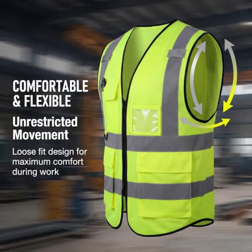Image of High Visibility Safety Vest with Reflective Strips & Pockets | High Visibility | 360 Reflective Strips | 5 Pockets | Zipper Front | Lightweight Polyester | ANSI /ISEA 107 Class 2 Type R