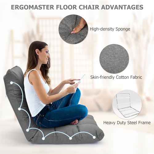 ERGOMASTER Video Gaming Floor Chair with Adjustable 14-Position Memory Foam, Folding Floor Sofa Chair Lounger Folding Sleeper Bed Couch Recliner, Lazy Sofa Lounger for TV, Reading, Relaxing (Grey)