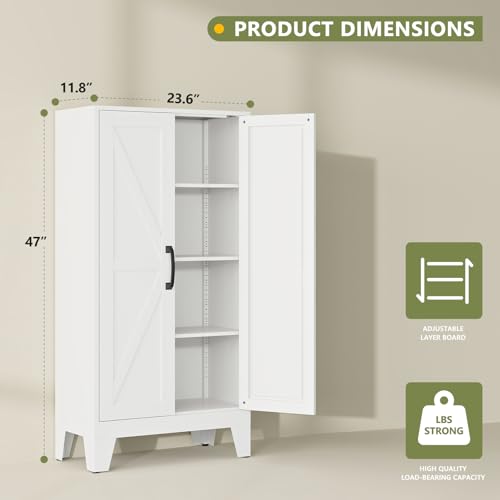 Farmhouse Storage Cabinet,47" H Metal Pantry Cabinet with Barn Doors and Adjustable Shelves,47" H 4-Tier Rustic Pantry Organizers for Kitchen,Dining Room,White - Image 2