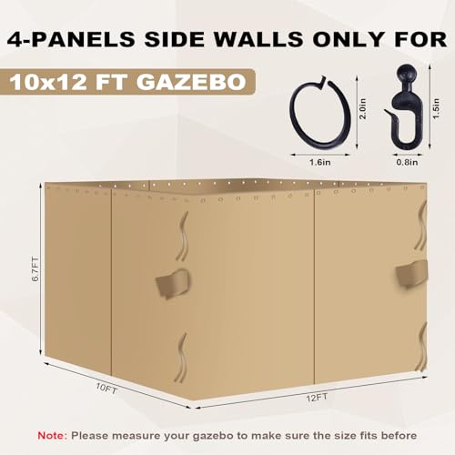 slashome 10'x12' Gazebo Curtains Outdoor Waterproof, Khaki Universal Replacement Curtain 4-Panels, Sidewalls with Zipper for Garden, Patio, Yard (Only Curtains)