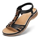 Littleplum Sandalen Damen Sommer Flach Sandalette Elegant Riemchensandalen Strandschuhe, Schwarz, 41 EU