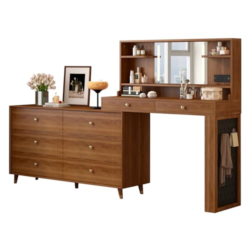 Messenya Makeup Vanity Desk with Smart LED Mirror, 6 Drawer Walnut Chest of Drawers + 2 Drawer L-Shaped Vanity, 48-90 in Adjustable Corner Desk Dresser Combo with Storage Space & Charging Station