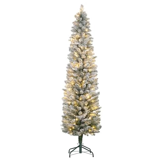 HOMCOM Sapin de Noël Artificiel 180 cm, Arbre de Noël Slim Lumineux floqué enneigé - Support en métal, lumière LED Blanc Chaud et 329 Branches - Effet réaliste, Vert