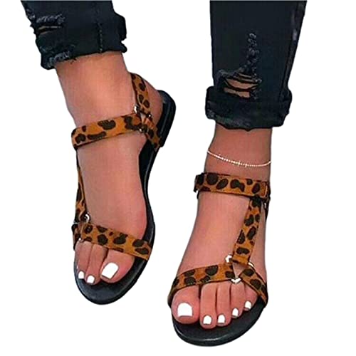 Womens Trekking Sandals, Summer Ladies Flat Bottom Comfortable Sandals, Outdoor Walking Shoes (Color : Leopard Print, Size : 9)