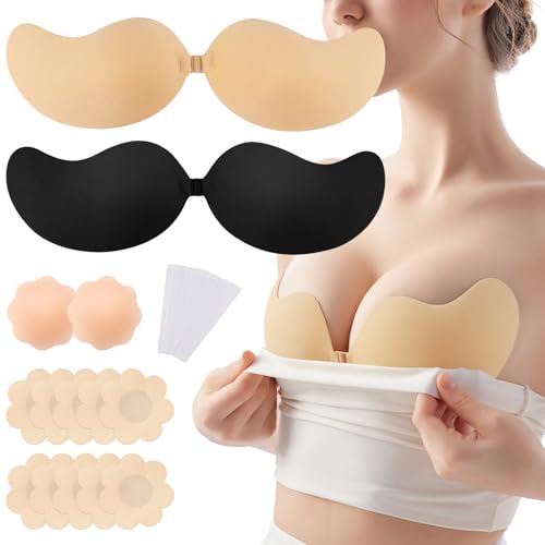 Leikedun 2er Set Klebe BH Push up ohne Träger (A Körbchen), unsichtbarer Selbstklebender BH, Beige/Schwarz, für Hochzeitskleider & Abendkleider mit 6 Paar Nippelabdeckungen & 10 Körperband