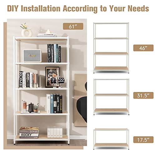 Giantex 5-Tier Industrial Bookshelf White - 61" Tall Open Display Shelving Rack With Anti-Toppling Device, Adjustable Feet, Freestanding Storage Shelf For Living Room, Kitchen, Office, Bedroom #TOP3