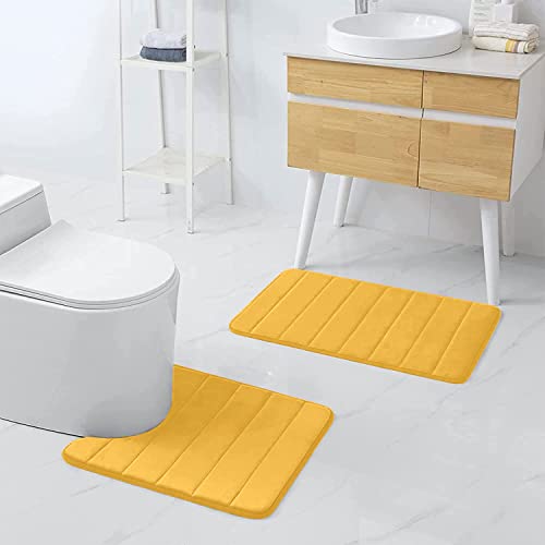 Buganda Memory Foam U-Shaped Contour Toilet Rugs, Non Slip Absorbent, Thick Soft Washable Bathroom Mat, Floor Carpet Bath Rugs Mat for Toilet Base (24" x 20", Yellow)