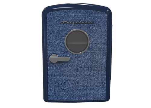 Frigidaire Mini Personal Fridge Cooler, 1 Gal Capacity fits 9 Cans, Includes Plugs for Home Outlet & DC Charger - 9.84" D x 7.09" W x 10.35" H, Indigo Denim Fabric Door - image 1