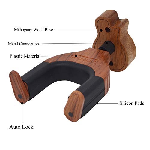 Guitar Wall Mount Hanger,Guitar Hook Stand, Auto Lock Guitar Wall Hanger,with Guitar Pick Necklace,for Acoustic, Electric, Classical,Bass Guitar Stand. (guitar shape mahogany wood base 1pcs)