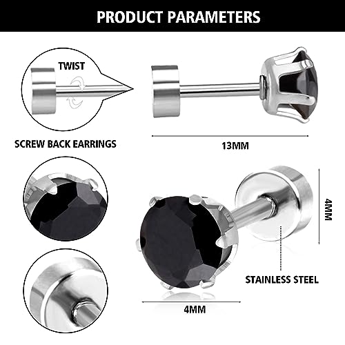 4mm Flat Screw Back Stud Earrings, Tiny Studs Earrings for Women Small Cartilage Earrings, Hypoallergenic Stainless Steel Helix Flatback Piercing Jewelry Gifts for Women Girls (4MM, Black)2