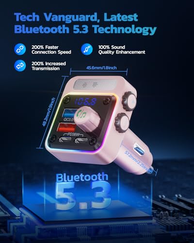 Nulaxy 54W Bluetooth 5.3 Car Adapter with 4 Charging Ports [PD 36W & QC3.0 18W], Wireless Radio FM Transmitter with Deep Bass Player & 5 Colors LED Backlit, Hands-Free Calling - Pink