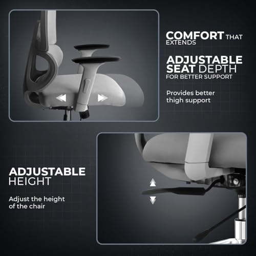 Image of Kepler Brooks Imperia Elite Office Chair for Work | 3-Year Warranty | Ergonomic Office Chair, Study Chair for Home, 2D Headrest, 3D Armrest, Multi Lock Seat Slider Mechanism, Aluminium Base (Grey)