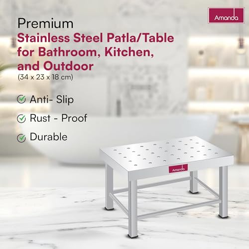 Image of Amanda Stainless Steel Kitchen Patla /Bathroom Stool (13.5 x 9 x 7 Inch) | Heavy-Duty Anti-Slip Steel Table | Rust-Proof, Durable & Multipurpose for Kitchen, Bathroom & Outdoor Use