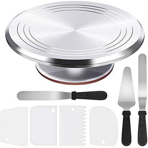 Puroma 8-in-1 Aluminium Alloy Rotating Cake Turntable 12'' Revolving Cake Decorating Stand with 3 Angled Icing Spatula, 3 Icing Comb for Pastries, Cupcakes and Cake Decorations Cover